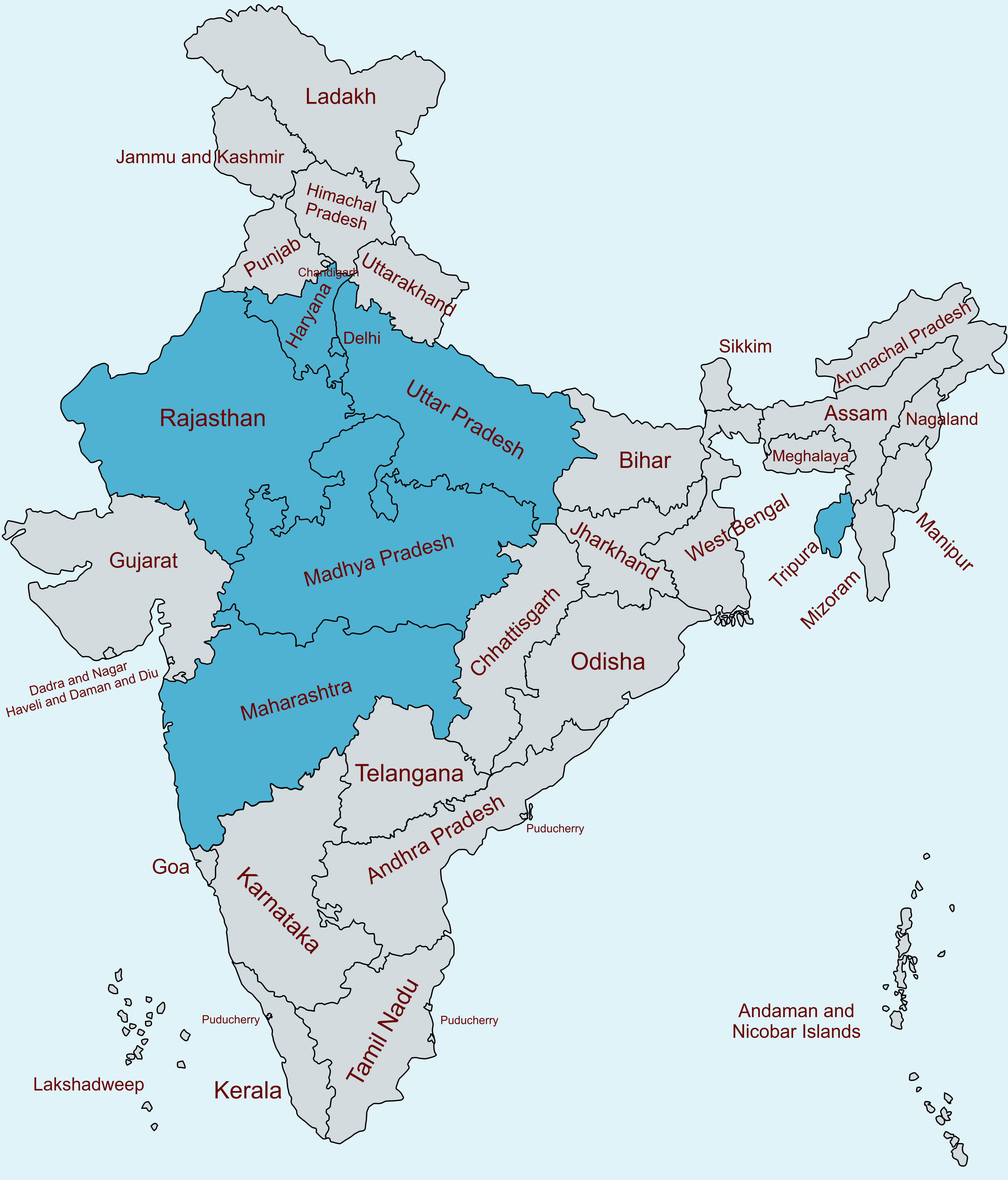 Map of India with highlighted states